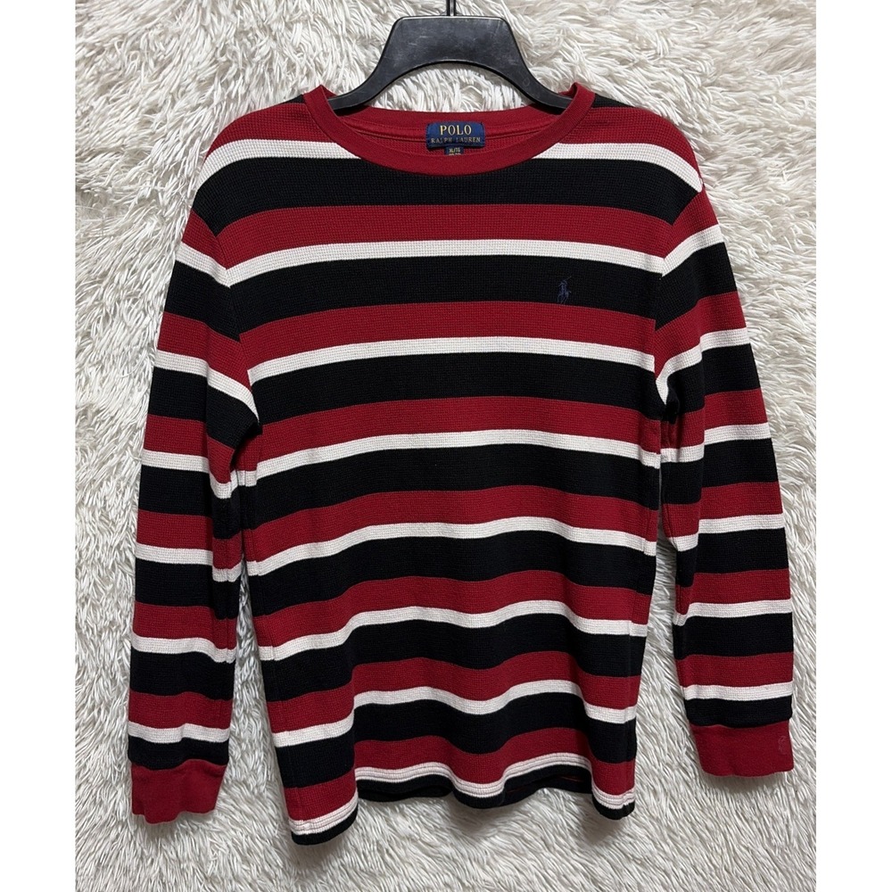 Polo Ralph Lauren Youth Boys XL Red Striped Waffle Knit Long Sleeve Shirt Preppy